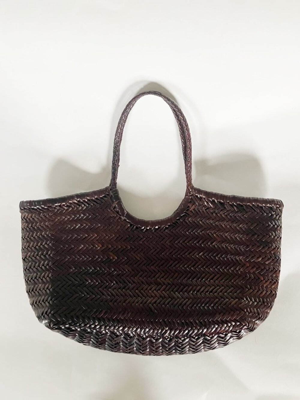 Dragon Diffusion Nantucket large woven leather tote in dark brown.